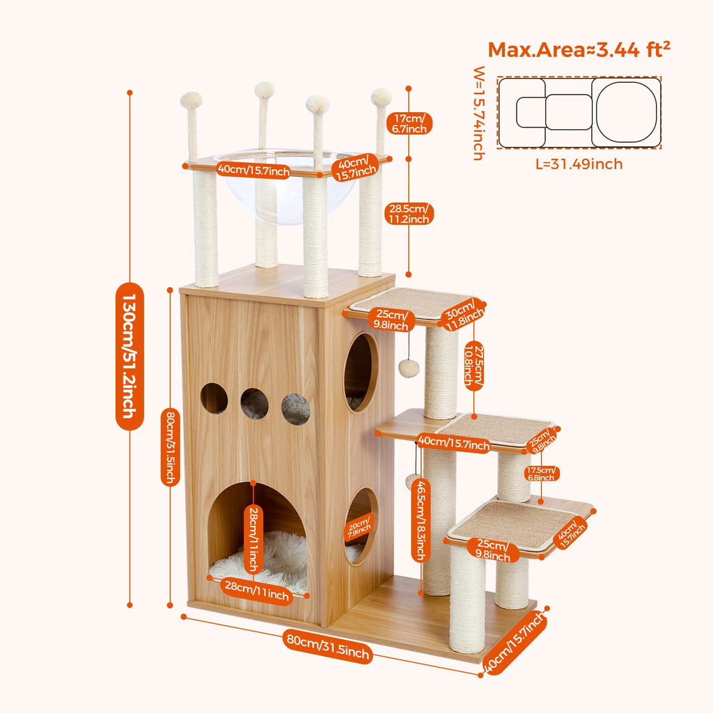 Arbre à Chat Bois Multi-Niveaux — Condo Spacieux Hamac Acrylique Perchoir Beige — Arbre à Chat CATLYX