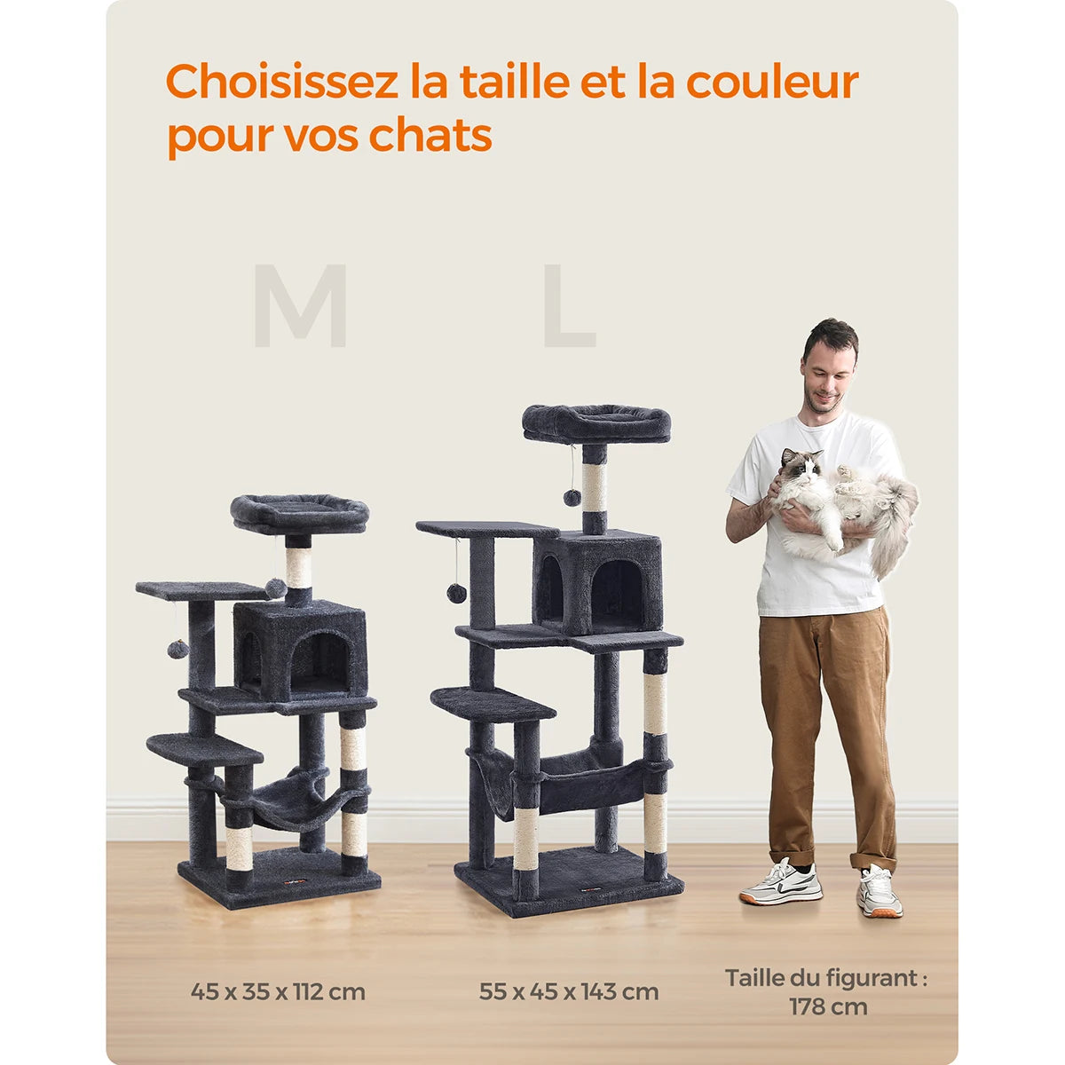 Arbre à Chat 112 cm — Tour Multi-Niveaux avec Griffoirs Sisal et 2 Perchoirs