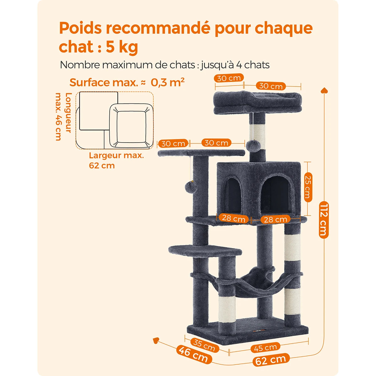 Arbre à Chat 112 cm — Tour Multi-Niveaux avec Griffoirs Sisal et 2 Perchoirs
