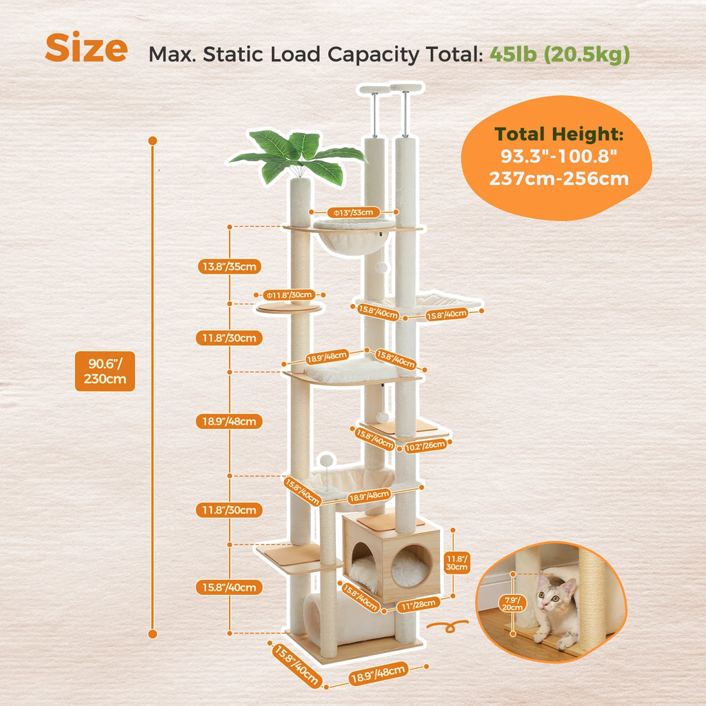 Arbre à Chat Sol-Plafond Réglable en Bois — Hamac et Griffoirs Sisal