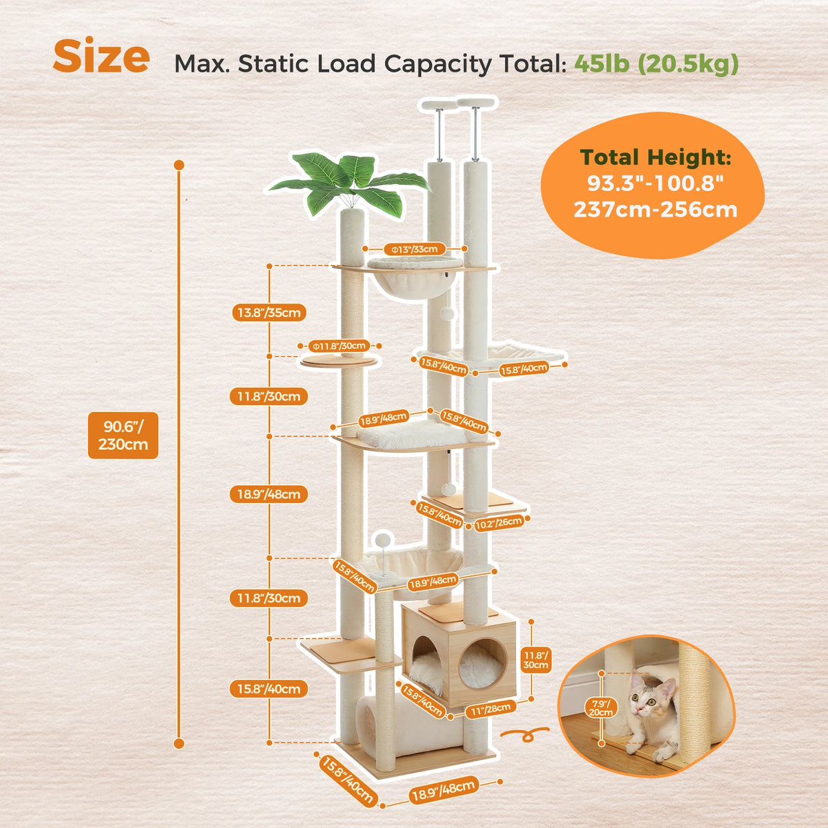 Arbre à Chat Sol-Plafond Réglable en Bois — Hamac et Griffoirs Sisal