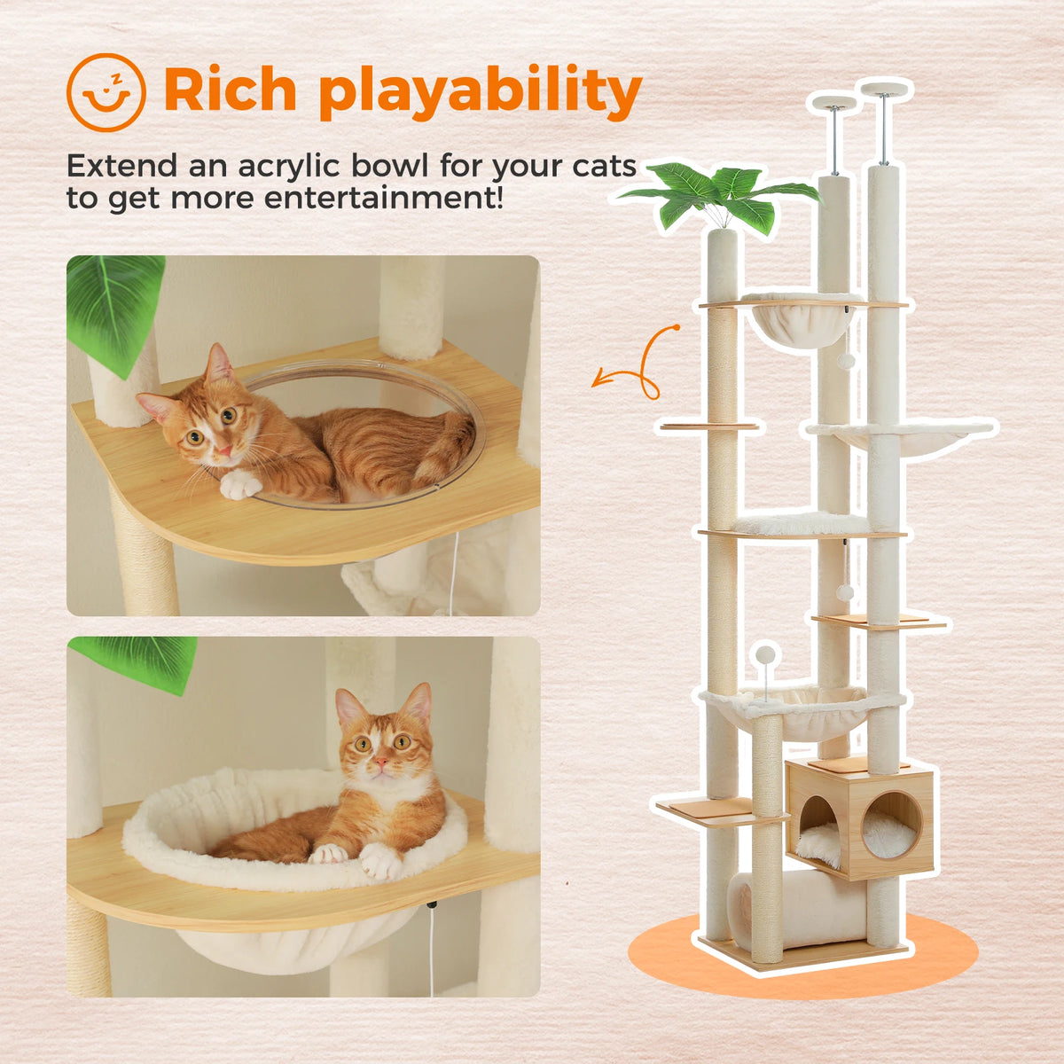 Arbre à Chat Sol-Plafond Réglable en Bois — Hamac et Griffoirs Sisal