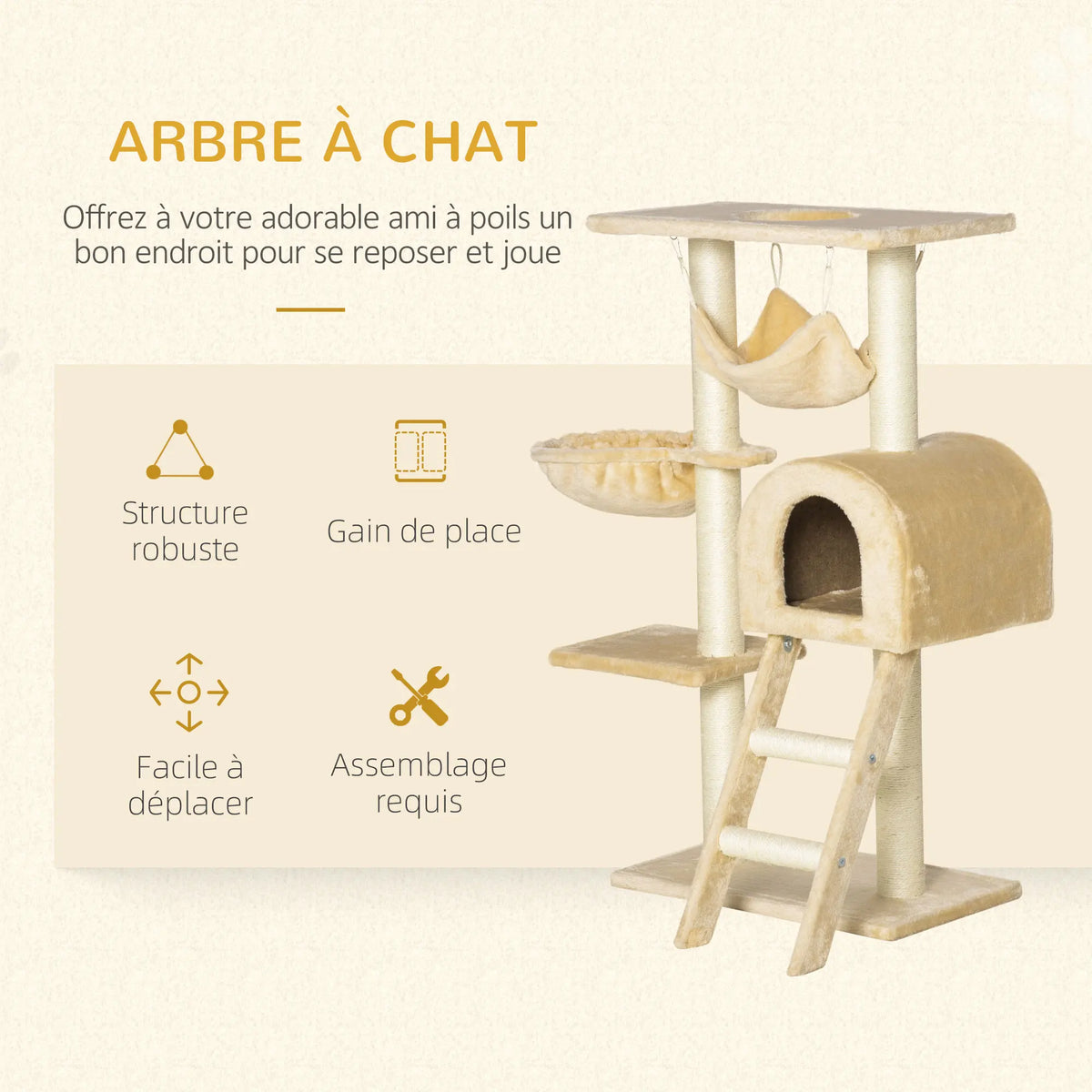 Arbre à Chat PawHut 98 cm — Hamac, Niche, Plateformes et Panier