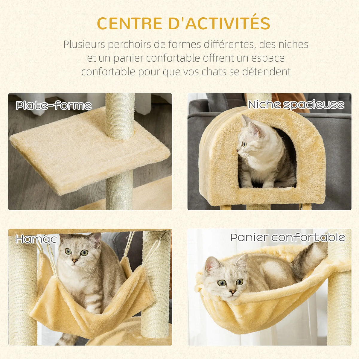 Arbre à Chat PawHut 98 cm — Hamac, Niche, Plateformes et Panier